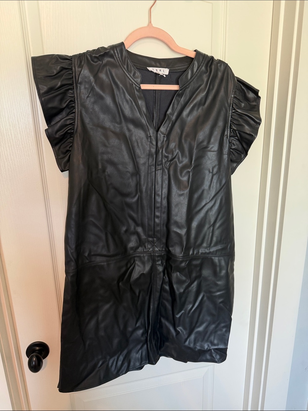 THML Black Faux Leather Mini Dress with Ruffled Sleeves
